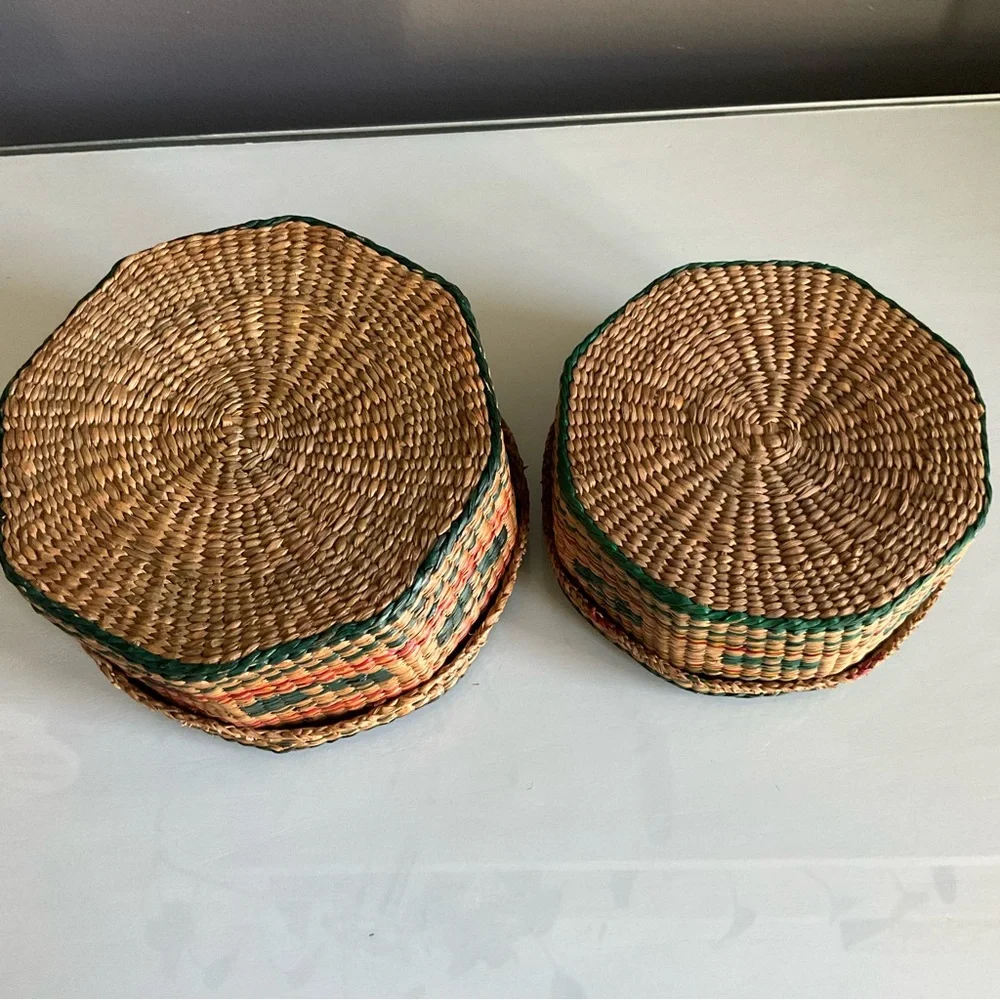Vintage Sweetgrass Lidded Nesting Basket Set Of 2